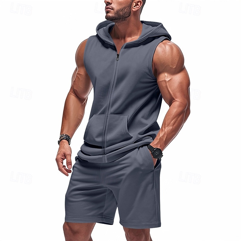 Men's T-shirt Suits 2 Pieces Outfits Tee & Shorts Short Sleeve Hooded Summer Plain Fashion Casual 2 Piece Vacation Daily Wear Going out Black Yellow Red Top Tee for Men 2025 - $41.99 –P15