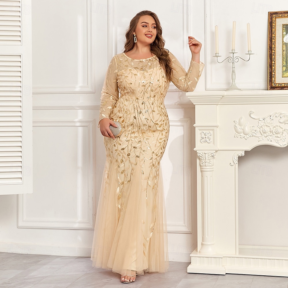 Mermaid / Trumpet Evening Gown Sparkle Dress Formal Floor Length Long Sleeve Crew Neck Champagne Mother Of the Bride Dress Tulle with Embroidery 2025 2025 - $75.99 –P2