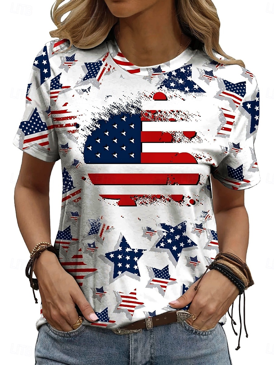 Tricou Patriotic pentru Femei cu Grafic Steag Steag Casual Roșu Alb și Albastru cu Mâneci Scurte Guler Rotund Regulamentar pentru Imprintat Zilnic Roșu Vara 2025 - $19.99 –P1