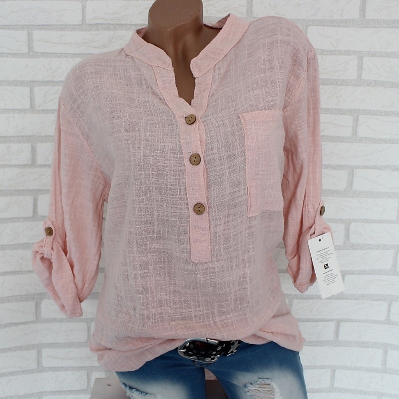 Women's Shirt Blouse Cotton Linen Shirts Plain Basic Modern Long Sleeve V Neck Regular Tops Daily Holiday Buttons Pocket White Pink Red Khaki Summer 2025 - $22.99 –P5