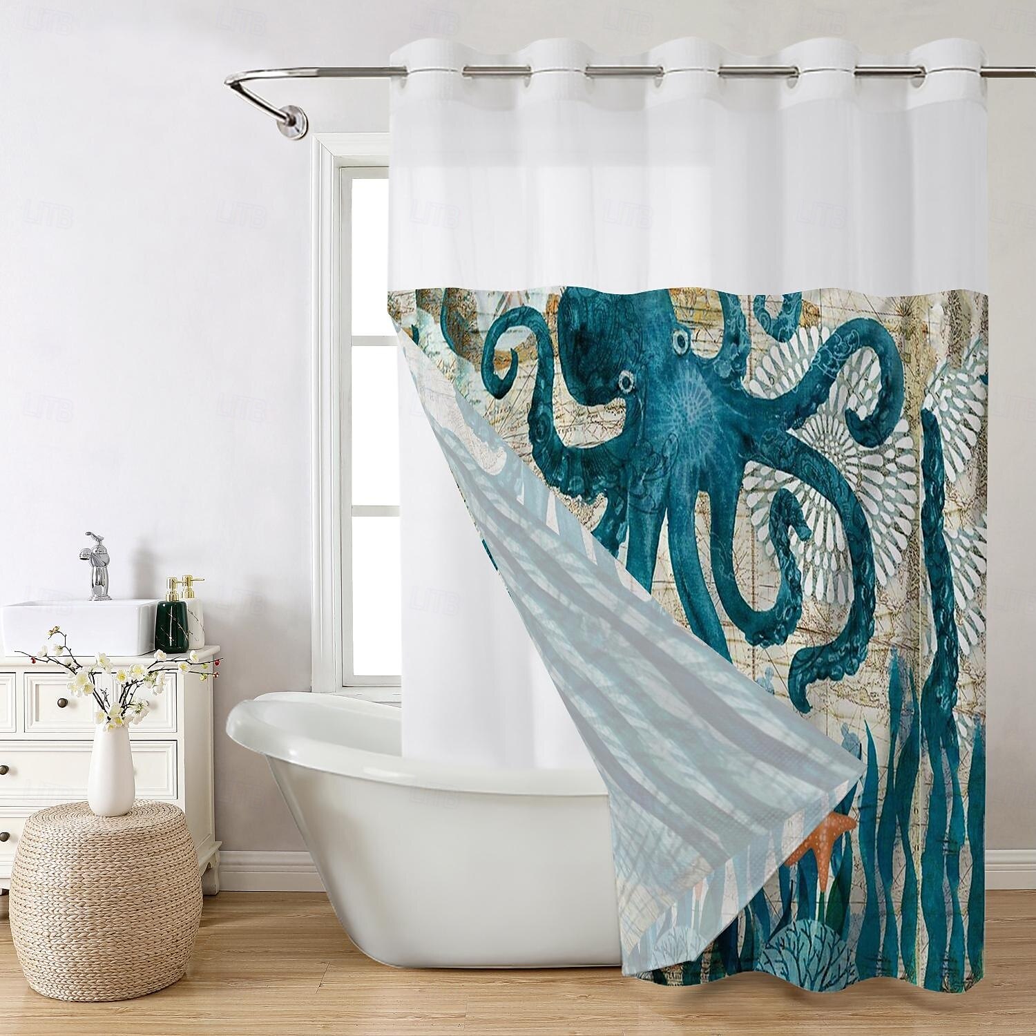 Duschvorhang-Set mit einsteckbarem Innenfutter und transparenter Fensterbahn 180cm*180cm (70"*70") wasserabweisendes Polyester ohne Haken Ösen 120 GSM doppellagige Hotel-Spa Badezimmer-Trennwand 2025 - $41.99 –P4