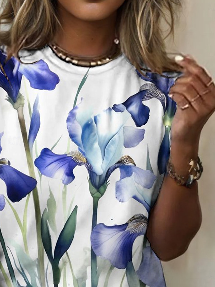 Women's T Shirt Floral Casual Short Sleeve Round Neck Regular Tops Daily Going out Weekend Print Light Blue Summer 2025 - $19.99 –P2