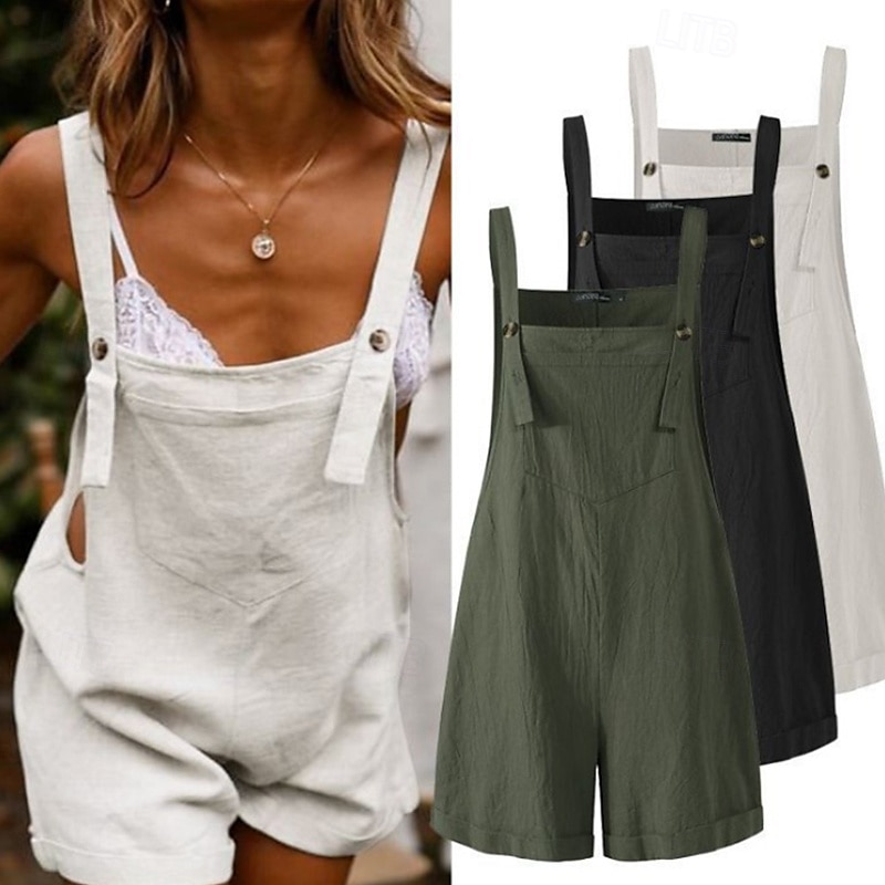 Damen Normal Leinen-inspirierte Hosen Lässig Einfarbig Ärmellos U-Ausschnitt Knöpfe Täglich Ausgehen Normale Passform Schwarz Blau Fuchsie Sommer 2025 - $21.99 –P1
