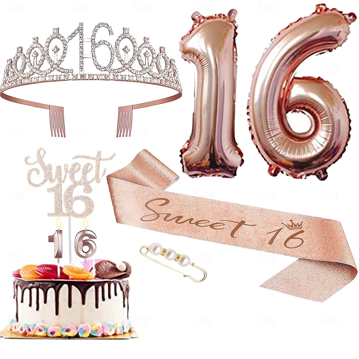 set deluxe da 6 pezzi per festa di compleanno in oro rosa - numeri di palloncini (10-80), tiara, fascia, candeline per torta, cake topper - per bambine & donne del 2025 a $13.99 –P6