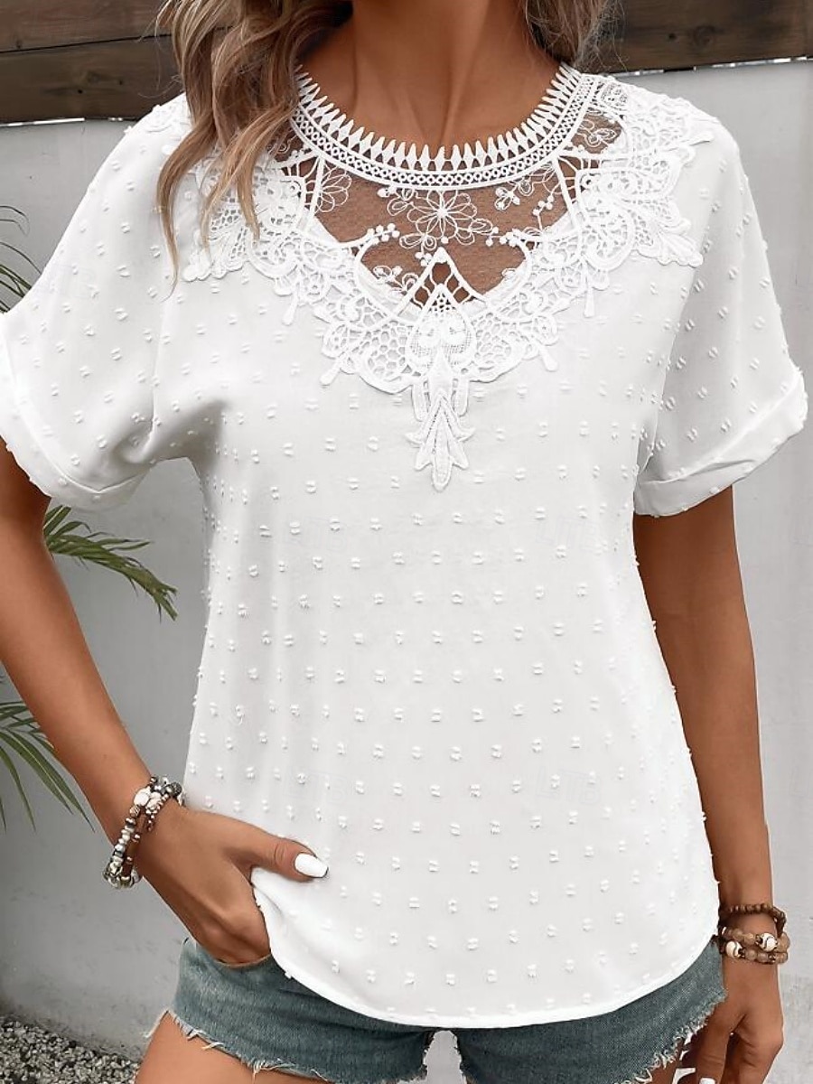 T-shirt femme couleur unie plain mode moderne décontractée manches courtes col rond hauts réguliers quotidien week-end dentelle patchwork blanc été de 2025 ? $19.99 –P1