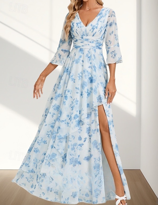 A-Line Brudens mor Kjole Bryllupsgjest Elegant V-hals Gulvlengde Chiffon 3/4 Lengde Erme med Folder Rynket Splitt Foran Bryllupsgjest Kjole 2025 2025 - $145.99 –P1