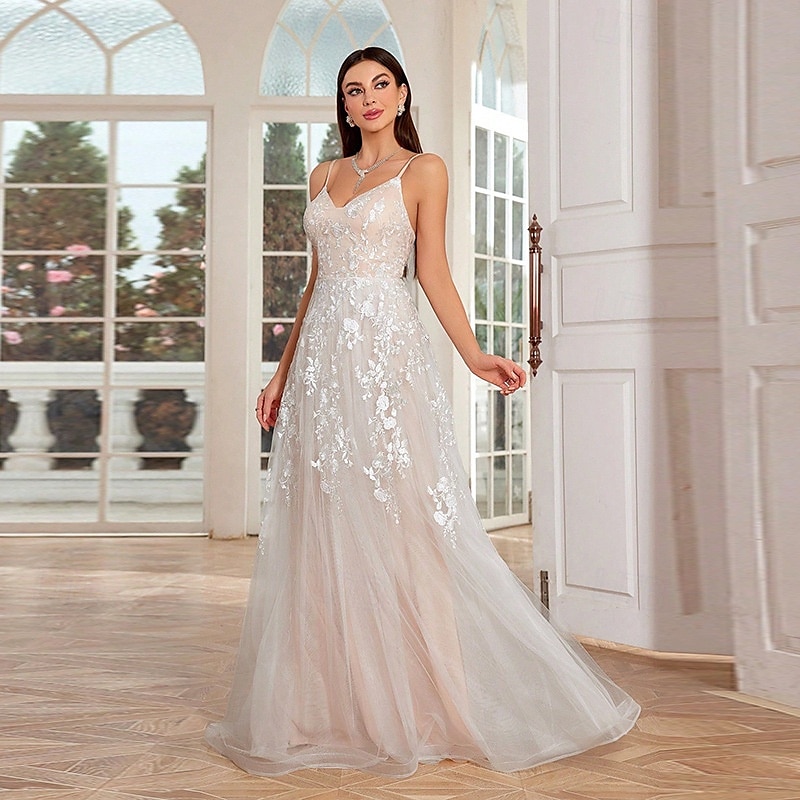 Kleine weiße Kleider Hochzeitskleider A-Linie V-Ausschnitt Ärmellos Bodenvoll Tüll Brautkleider Mit bestickter floralem Spitze Kleid 2025 - €142.99 –P4