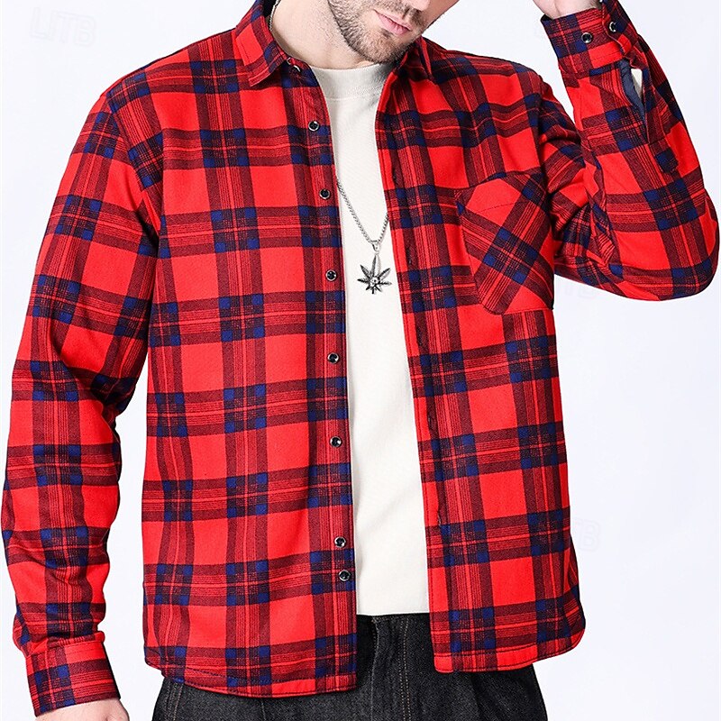 Men's Shirt Casual Shirt Beach Shirt Fleece Shirt Button Up Shirt Red Royal Blue Blue Orange Green Long Sleeve Plaid Lapel Vacation Hawaiian Pocket Clothing Apparel Polyester Fashion Casual 2025 - $28.99 –P12