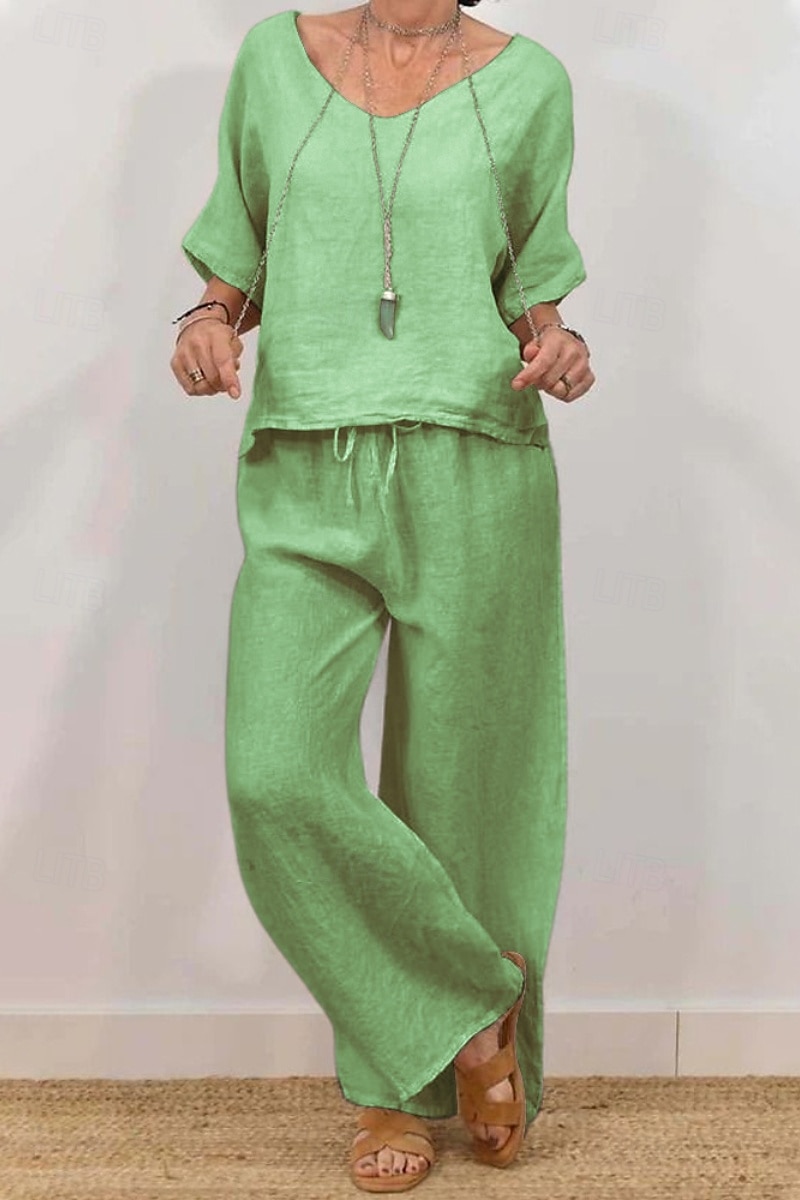 Dames Actief Basic Overhemd Linnen-geïnspireerde sets Tweedelige sets Halve mouw V-hals Effen Kleur Trekkoord Feestdagen Casual / Dagelijks Zwart Blozend Roze Groen Zomer Normale pasvorm 2025 - $24.99 –P6
