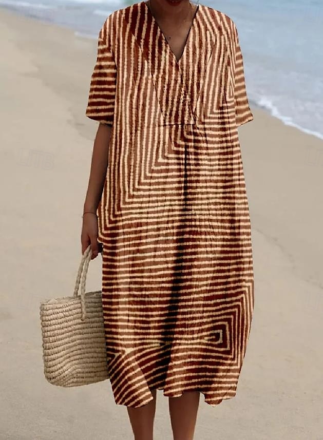 Damen Midikleid Sommerkleid A Linie Kleid Urlaub Lässig Strand Ausgehen Lässiger Schnitt Grafik Geometrisch Kurzarm V Ausschnitt Weinrot Orange cremefarben Dunkelgray Sommer 2025 - $36.99 –P7