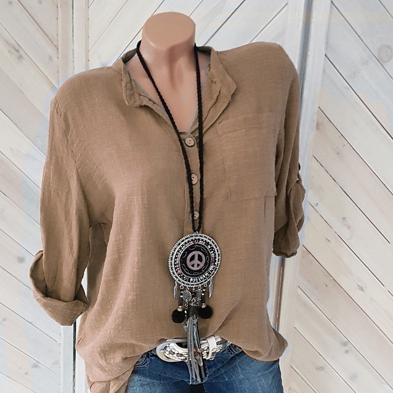 Women's Shirt Blouse Cotton Linen Shirts Plain Basic Modern Long Sleeve V Neck Regular Tops Daily Holiday Buttons Pocket White Pink Red Khaki Summer 2025 - $22.99 –P4