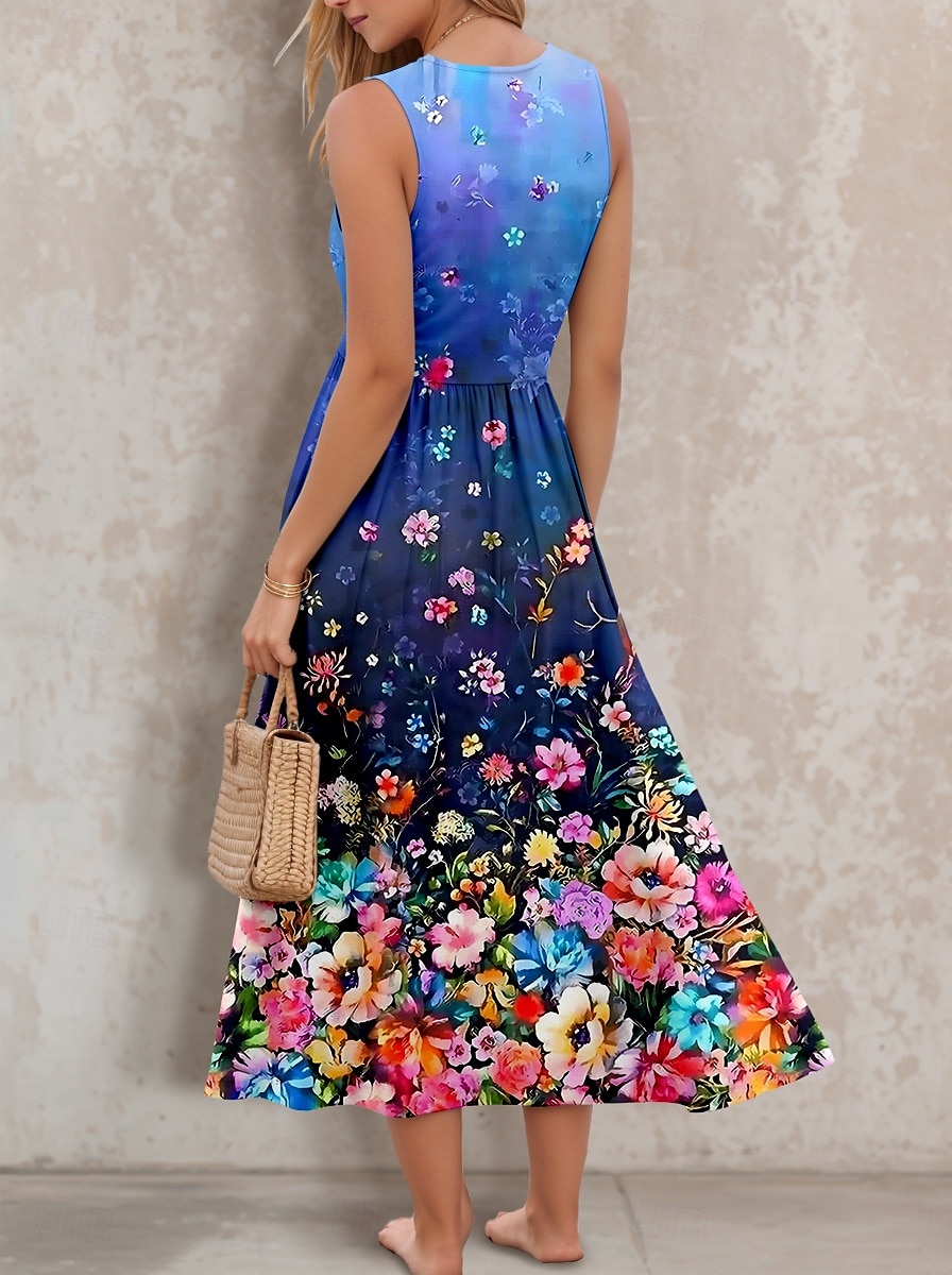 Damen Midikleid Sommerkleid A Linie Kleid Rückenfreies Kleid Urlaub Lässig Ausgehen Normale Passform Ombre Blumen Grafik Ärmellos U-Ausschnitt Blau Sommer 2025 - $35.99 –P2