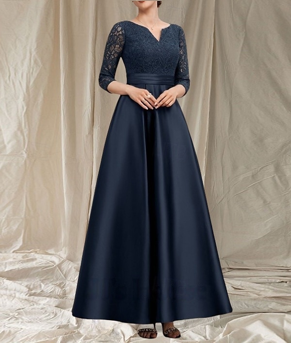 Vestido en Corte A Para la Madre de la Novia Invitada de Boda Elegante Escote en V Largo Satén Encaje Manga 3/4 con Encaje 2025 - $178.99 –P3