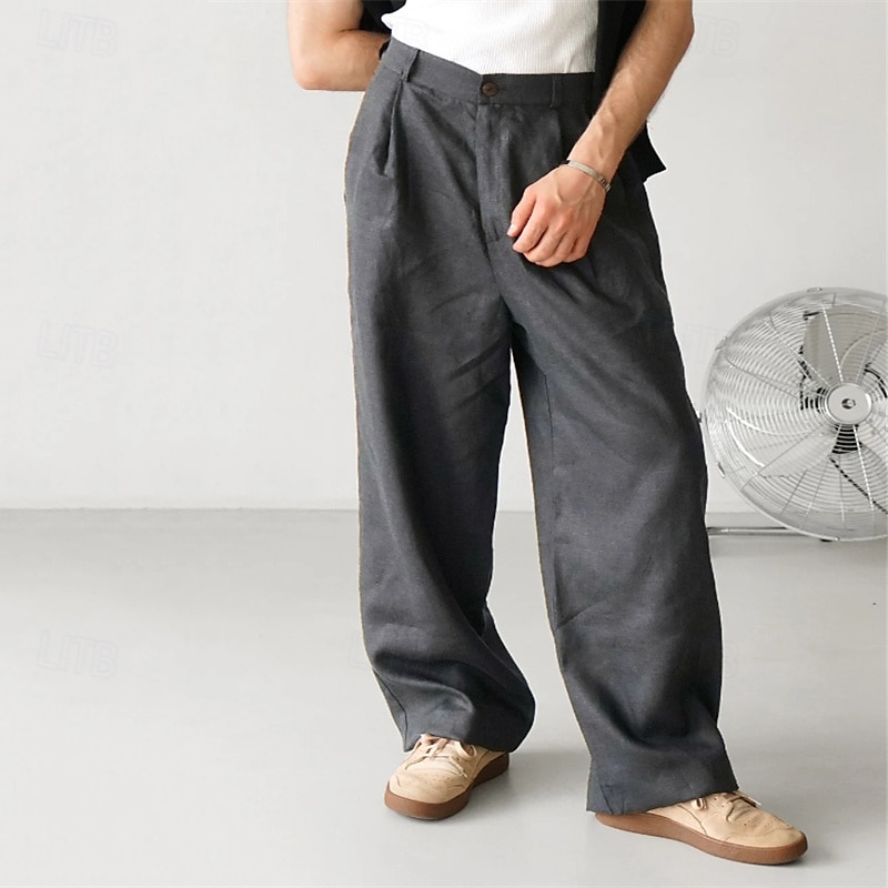Herr Linne Byxor Långbyxor Sommarbyxor Strandbyxor Knappar Ficka Slät Komfort Andningsfunktion Semester Dagligen Helgdag Hawaiisk Boho Svart Kaki 2025 - $23.99 –P5