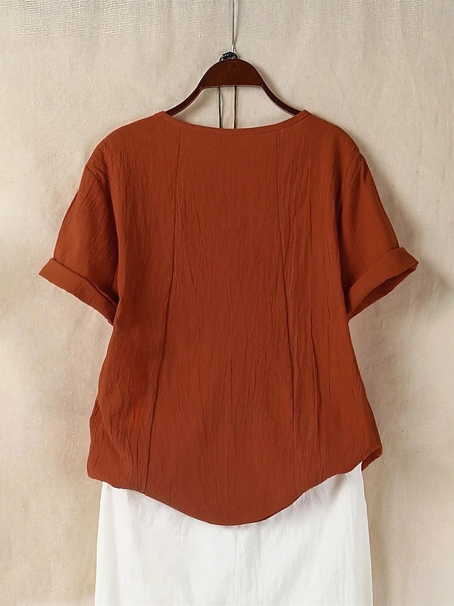 Dames 100% katoenen blouse bloemenprint stijlvol katoen linnen casual korte mouw ronde hals normale tops dagelijks uitgaan knopen print bruin 2025 - $22.99 –P2