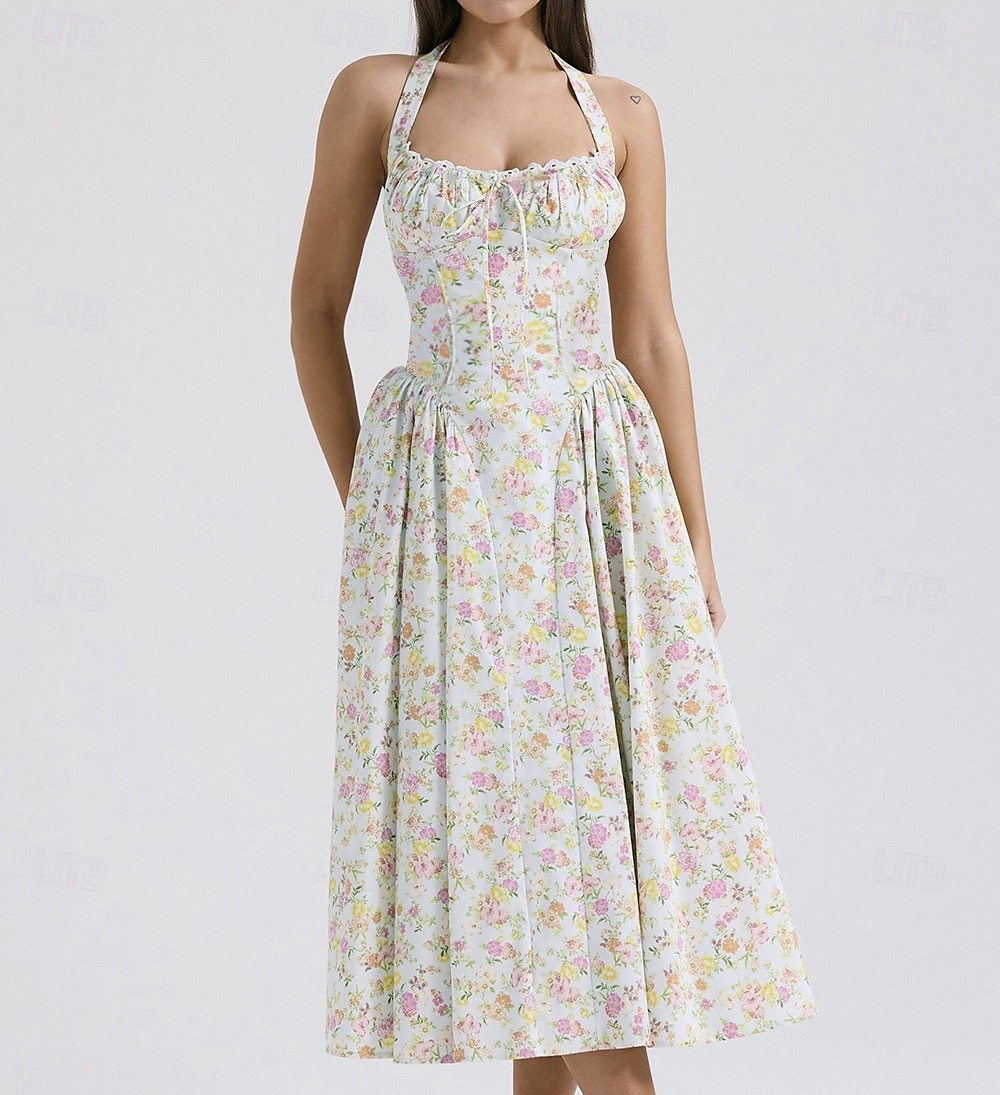 Retro Vintage Medieval Renaissance Midi Dress Flare Dress Ren Faire Halter Regency Inspired Floral Women's Masquerade Wedding Vacation Casual Daily Adults' Dress Summer 2025 - $32.99 –P9