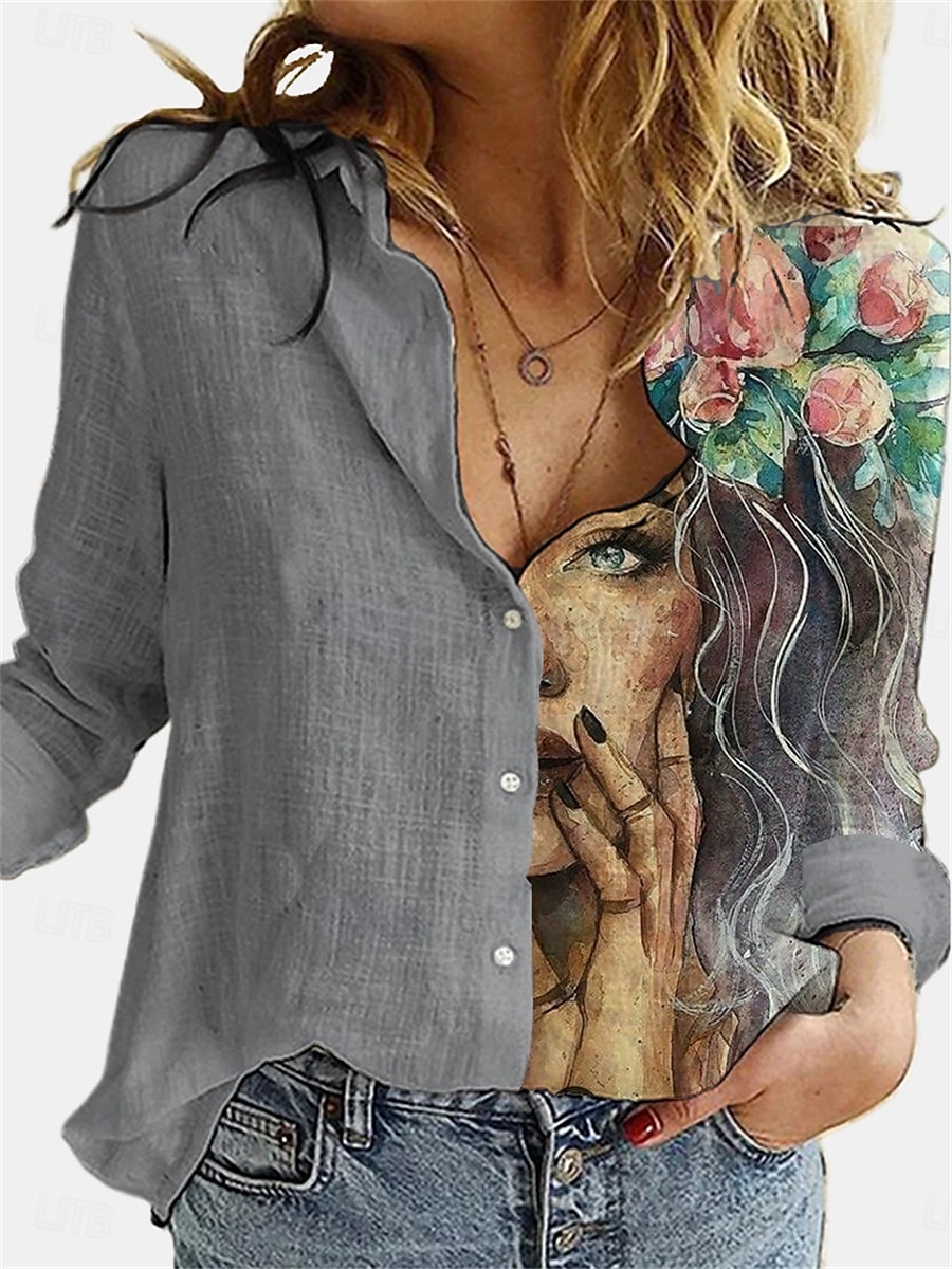 Camicia da donna in cotone e lino grafica quotidiana alla moda casual maniche lunghe colletto bottoni quotidiani bianca blu grigia estate primavera del 2025 a $19.99 –P5