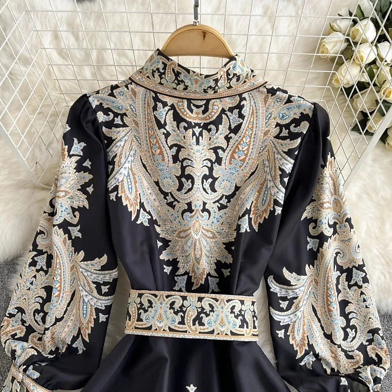 Női Midi ruha Boho ruha Divat Szabadság Alkalmi Hétvége Normál Virág Hosszú ujj Állógallér Fekete Medence Sárgabarack Nyár 2025 - $31.99 –P9