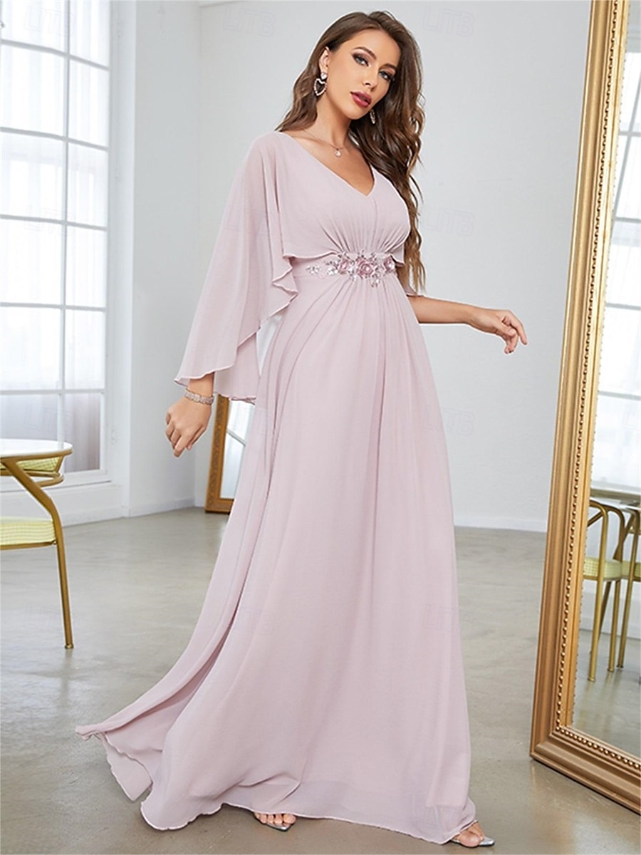 Dress Mother of the Bride Dress Elegant Party V Neck Floor Length Polyester Half Sleeve with Appliques 2025 2025 - $82.99 –P18