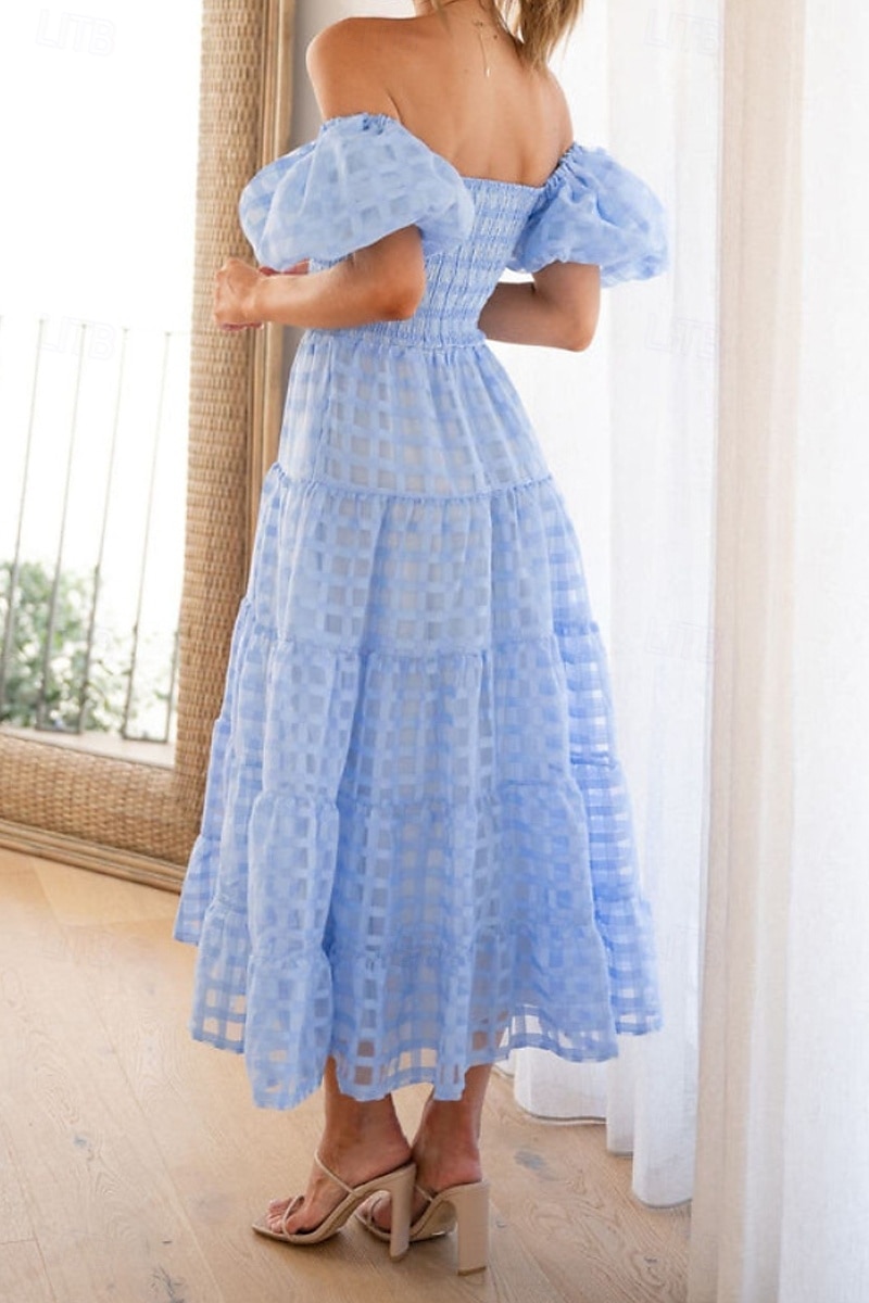 Women's Midi Dress Graduation Dress Fashion Modern Lantern Sleeve Vacation Graduation Weekend Regular Fit Plain Short Sleeve Off Shoulder Black White Yellow Pink Summer 2025 - $27.99 –P1