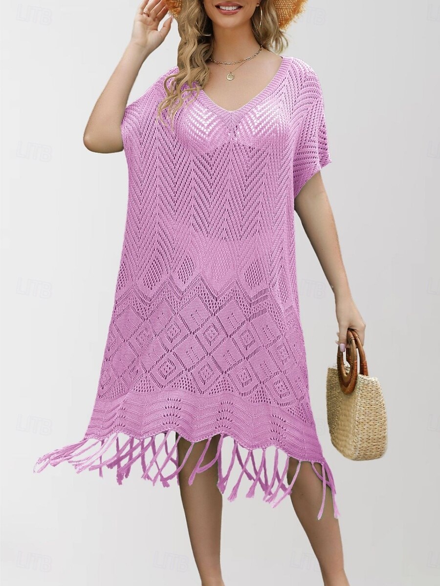 Maillots de bain pour femmes robe de nage maillot de bain découpé frange vacances vêtements de plage couleur unie col en V manches courtes maillots de bain de 2025 ? $34.99 –P8