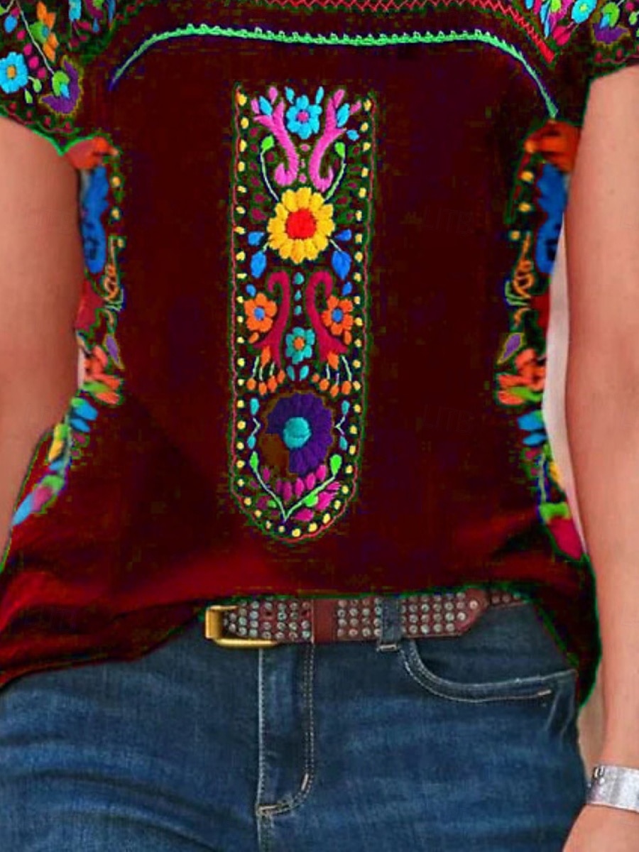 Women's T Shirt Peasant Blouse Floral Bohemia Active Western Short Sleeve Crew Neck Regular Tops Daily Print Black Wine Blue Gray Summer 2025 - $13.99 –P3