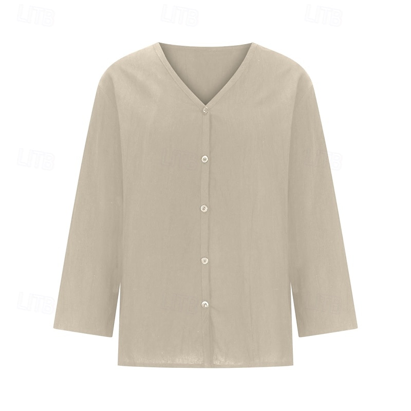 Damen Bluse Baumwoll-Leinen-Hemden Einfach Basic Modern Dreiviertelarm V Ausschnitt Normale Oberteile Täglich Ferien Ausgehen Knöpfe Schwarz Weiß Rosa Braun Aprikose Sommer 2025 - $22.99 –P13