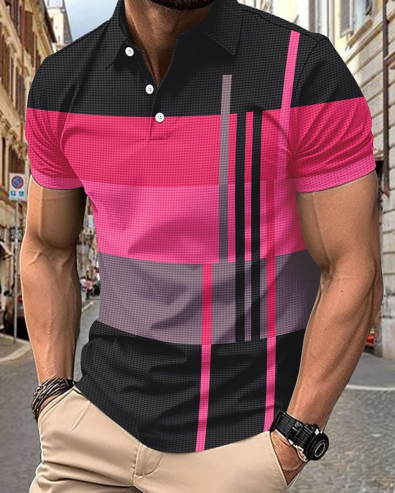 Herr Golftröja Golf pikétröjor Arbete Ledigt Kavajslag Kortärmad Grundläggande Modern Rand Lappverk Knappar Sommar Normal Rosa + Orange Mörkrosa Blå Purpur Orange Grön Golftröja 2025 - GBP £18 –P14