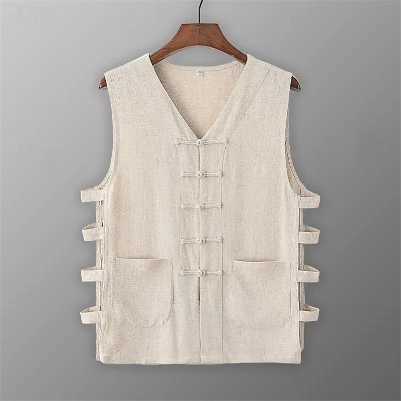 Herr Linne Undertröjor Ärmlös tröja Ärmlös V-hals Sommar Slät Designer Grundläggande Kineseri Knappar Semester Gata Utekväll Svart Vit Vin Topp t-shirt för män 2025 - $15.49 –P1