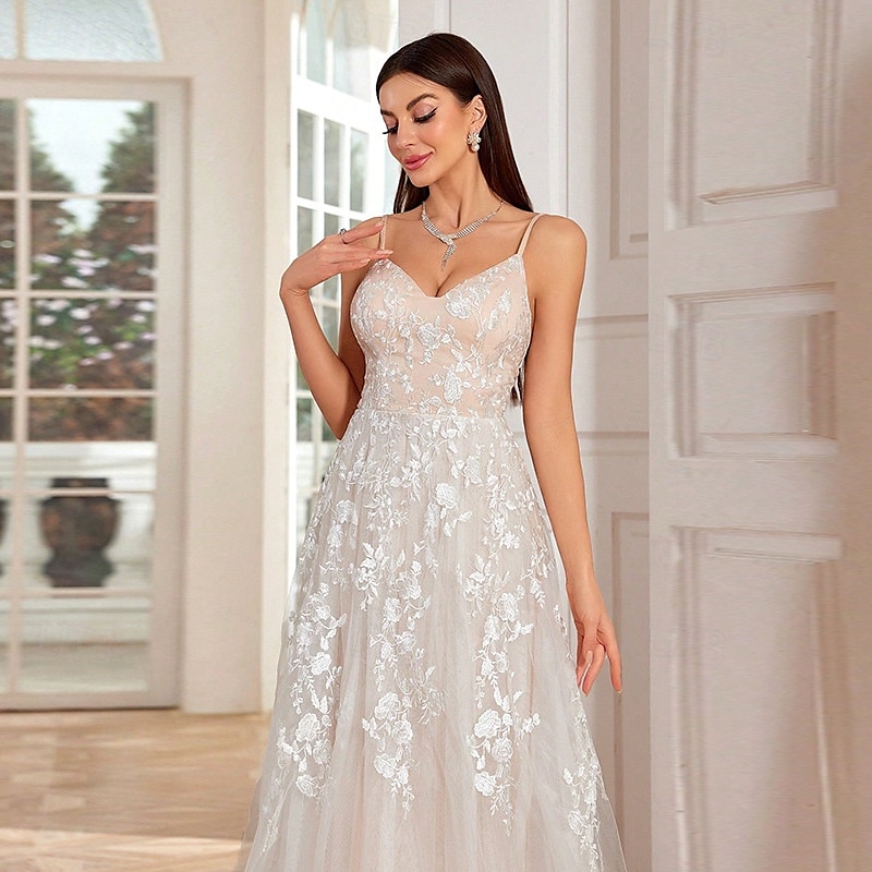 Kleine weiße Kleider Hochzeitskleider A-Linie V-Ausschnitt Ärmellos Bodenvoll Tüll Brautkleider Mit bestickter floralem Spitze Kleid 2025 - €142.99 –P2