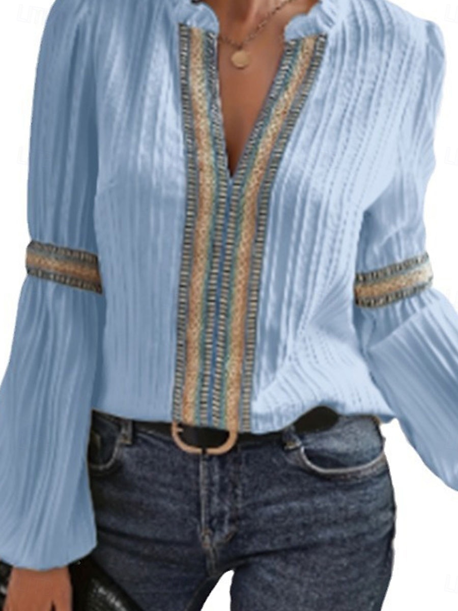 Kvinne Bluse Grafikk Elegant Søt Stilfull Lange Ermer V-Hals Vanlige Topper Daglig Ferie Patchwork Svart Himmelblå Grønn Aprikos Sommer Vår 2025 - $29.99 –P6