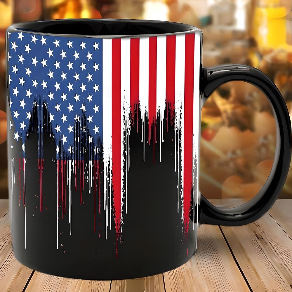 Patriotic American Flag Mug Dripping USA Flag Design Black 11oz Coffee Cup Independence Day Veterans Military Gift for Men Women Dad Mom July 4th Christmas 2025 - $15.49 –P7