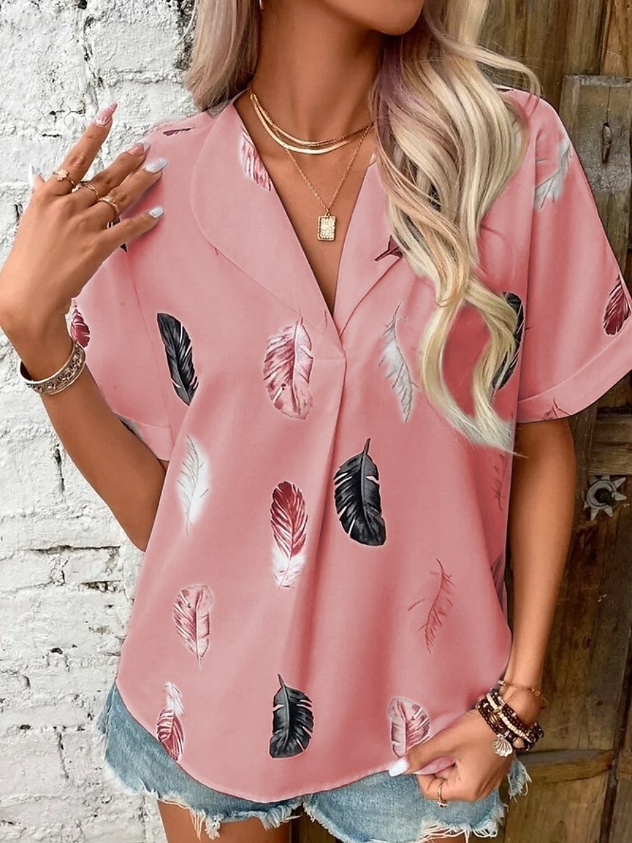 Women's Shirt Feather Stylish Casual Short Sleeve Shirt Collar Regular Tops Daily Buttons Print Black White Pink Wine Blue Summer Spring 2025 - $19.99 –P5