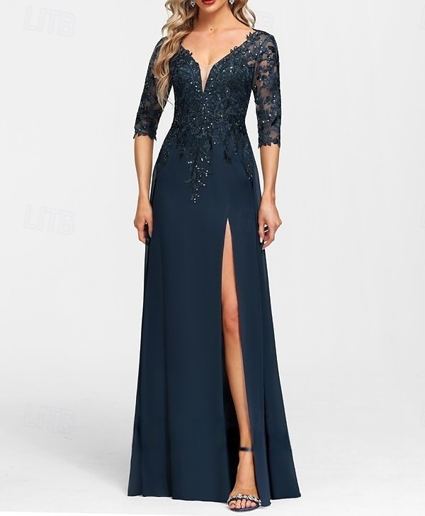 A-Linie Brautmutterkleid Hochzeitsgast Elegant V Ausschnitt Bodenlang Chiffon Halbarm mit Applikationen Geteilter Vorderteil 2025 2025 - $201.99 –P1