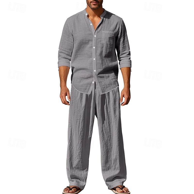 Men's T-shirt Suits Shirt and Pant Sets 2 Pieces Outfits Long Sleeve Stand Collar Summer Spring Plain Fashion Casual 2 Piece Vacation Daily Wear Going out Black White Blue Top Tee for Men 2025 - $48.99 –P16