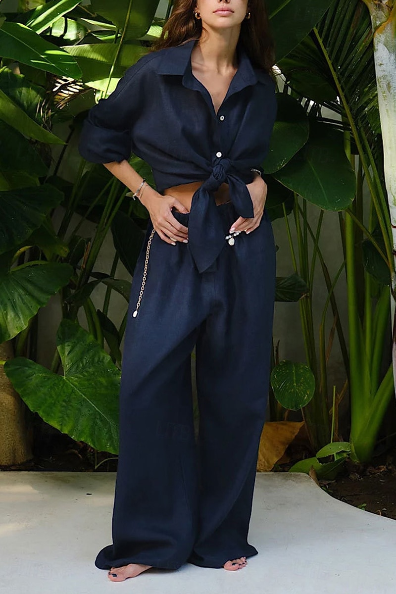 Women's Shirt Two Piece Sets Pants Sets Long Sleeve Shirt Collar Solid Color Dubbele Rij Knopen Fashion Basic Vacation Casual Daily White Red Dark Navy Summer Regular Fit 2026 - $36.99 –P14