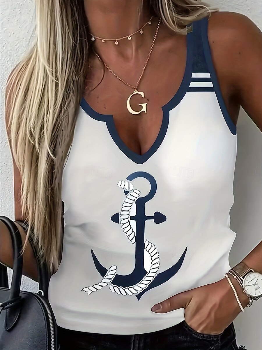 Mulheres Camisola Regata Gráfico Âncora Diário à moda Sem Manga Decote V Tops regulares Diário Feriado Imprimir Azul Marinha Verão de 2025 por $19.99 -P1