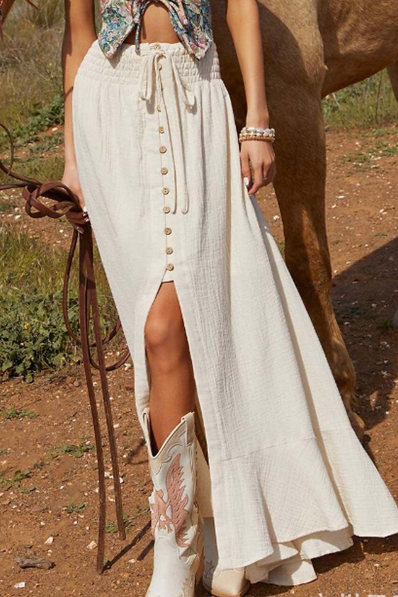 Jupes femme inspirées du lin, mode, maxi, taille mi-haute, uni, ourlet asymétrique, extrémités fourchues, micro-élastique, vacances, rue, noir, blanc, été, coton de 2025 ? $26.99 –P3