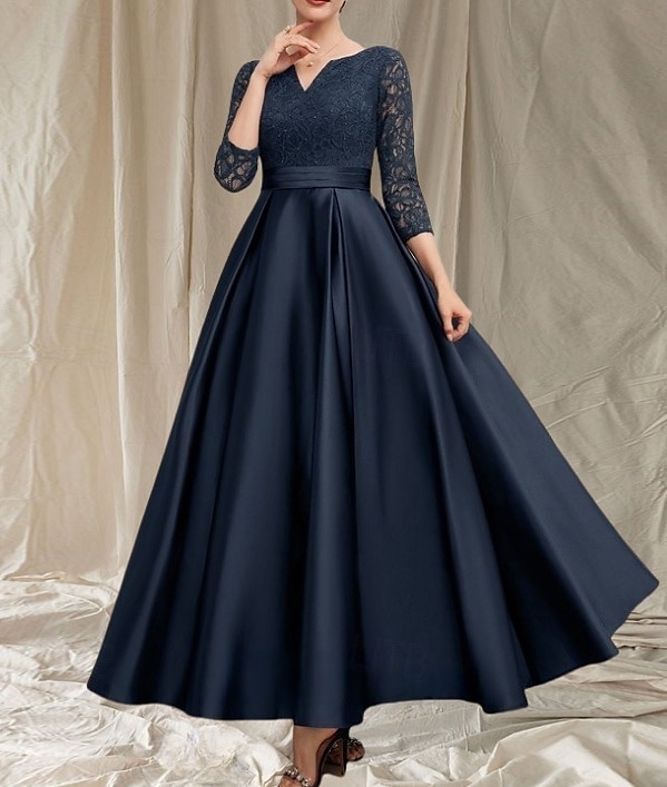 Vestido en Corte A Para la Madre de la Novia Invitada de Boda Elegante Escote en V Largo Satén Encaje Manga 3/4 con Encaje 2025 - $178.99 –P1