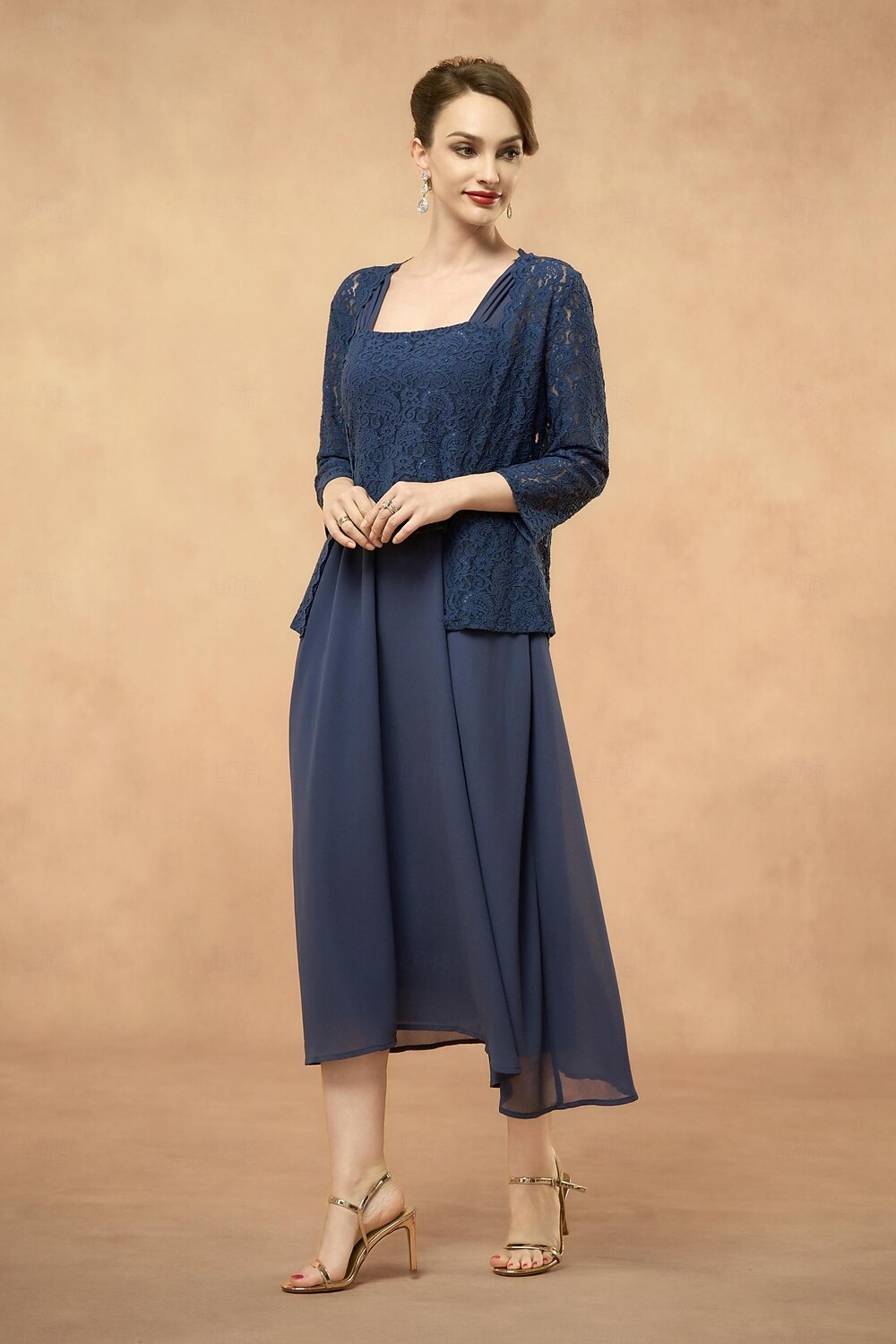 abito da sposa a trapezio in 3 pezzi per la madre della sposa, elegante, scollo quadrato, lunghezza al pavimento, pizzo floreale, manica a 3/4, tinta unita 2025 del 2025 a $69.99 -P5