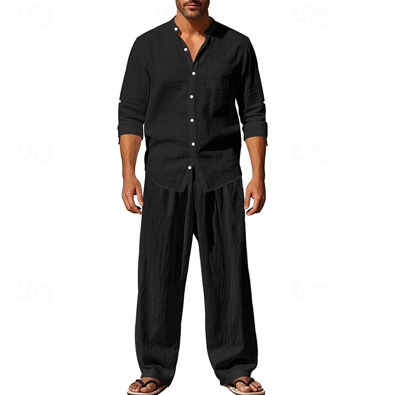 Men's T-shirt Suits Shirt and Pant Sets 2 Pieces Outfits Long Sleeve Stand Collar Summer Spring Plain Fashion Casual 2 Piece Vacation Daily Wear Going out Black White Blue Top Tee for Men 2025 - $48.99 –P13