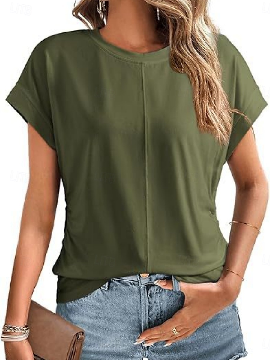 T Shirt Femme Uni Élégant Décontracté Manches Courtes Col Ronde Tops Réguliers Quotidien Noir Blanc Vert Armée Vert Gris Été de 2025 ? $19.99 –P9