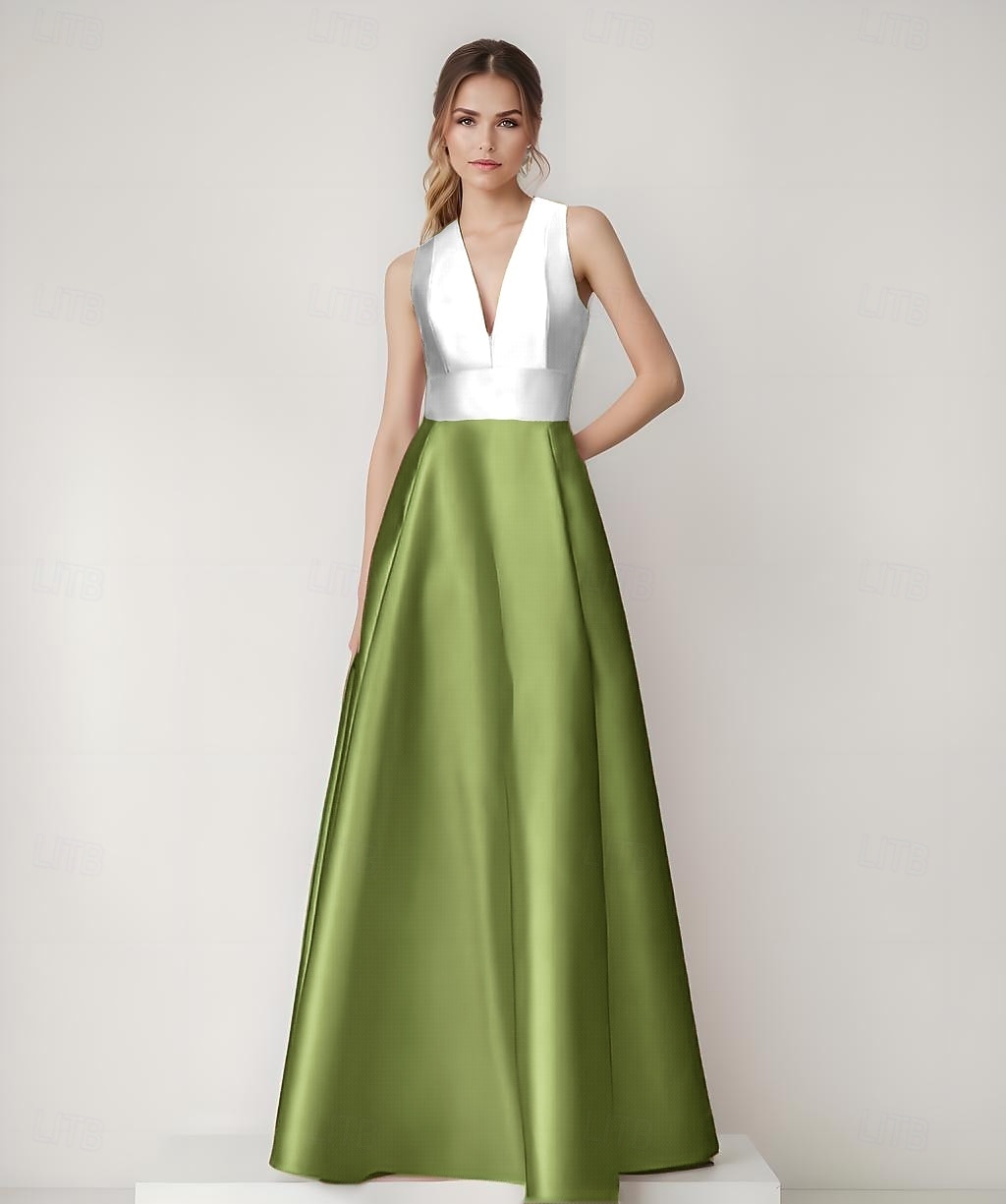 Vestido de noite em linha A, elegante, com blocos de cores, costas vazadas, formal, casamento, comprimento até o chão, sem mangas, decote em V, cetim com bolso lateral 2025 de 2025 por $148.99 –P4
