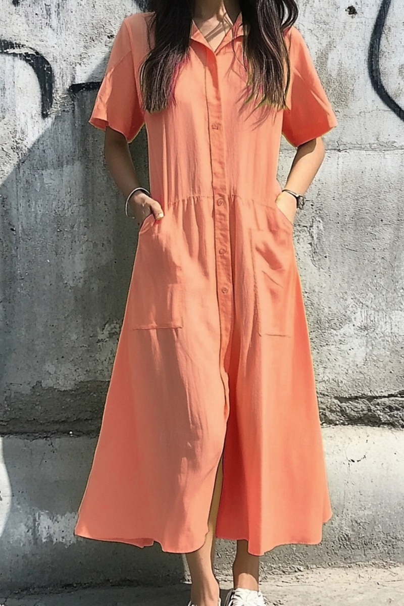Damskie Sukienka midi Sukienki inspirowane lnem Bawełniana lniana sukienka Moda Klasyczny Urlop Wyjściowe Weekend Regularny Równina Krótki rękaw Kołnierzyk koszuli Jasnoróżowy Żółty Zielony 2025 - $32.99 –P4