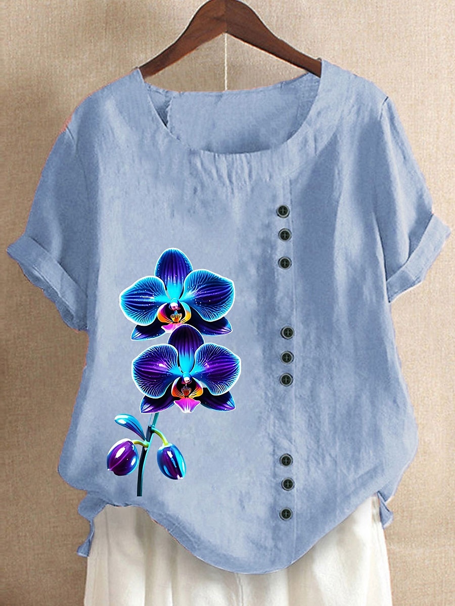 Dames 100% katoenen blouse bloemenprint vintage casual korte mouw ronde hals normale tops dagelijks uitgaan knopen print gras groen wit roze blauw paars zomer lente 2025 - $22.99 –P3