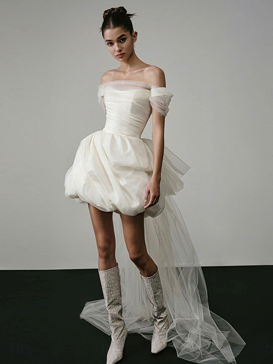 Bruidsjurken Bubbeltrojken Mini Baljurk Off Shoulder Mouwloos Asymmetrisch Tulle Bruidsjurken Met Plooien Effen Kleur 2025 - $94.99 –P1