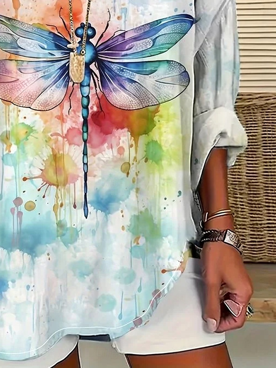 Dames Blouse Vlinder Kleurgradatie Hawaii Basic Casual Lange mouw V-hals Normale tops Dagelijks Feestdagen Knop Afdrukken Regenboog Zomer Lente 2025 - $24.99 –P3