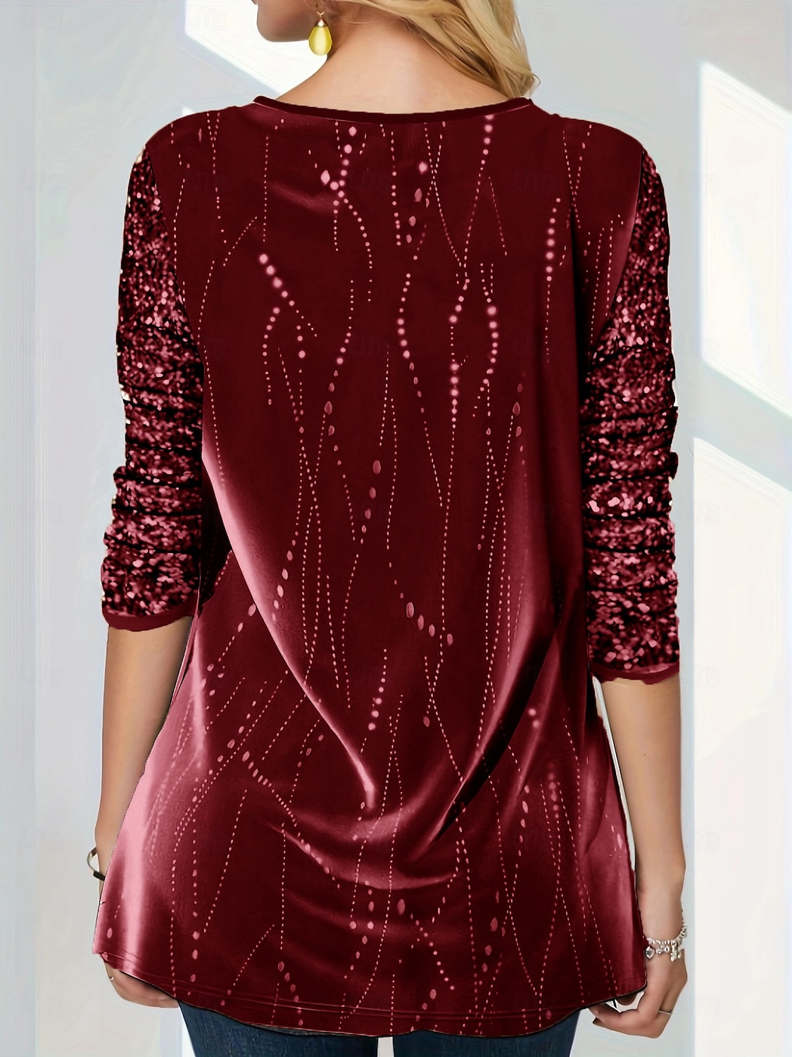 Blusa básica metalizada para mujer con estampado brillante, manga larga, cuello en V, fiesta, año nuevo, amarillo, gris, primavera y otoño 2025 - $27.99 –P7