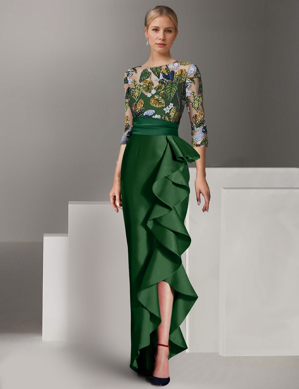 Ruches a Foglia Floreale Colonna Ricamata Abito da Sera Elegante Vestito Formale Nozze Lunghezza Piena Manica Mezza Collo Illusion Satin con del 2025 a $169.99 –P7