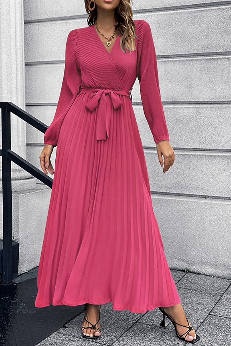 Dam Långklänning Maxiklänning Cocktail klänning Ruched Klänning Elegant Mode Födelsedag Tebjudning Utekväll Normal Slät Långärmad V-hals Svart Rubinrött Grön Sommar 2025 - $29.99 –P1